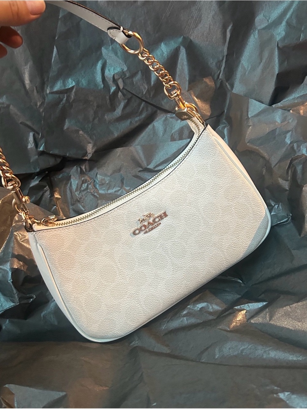 Coach Pale White Leather Shoulder Bag with Gold Chain Strap